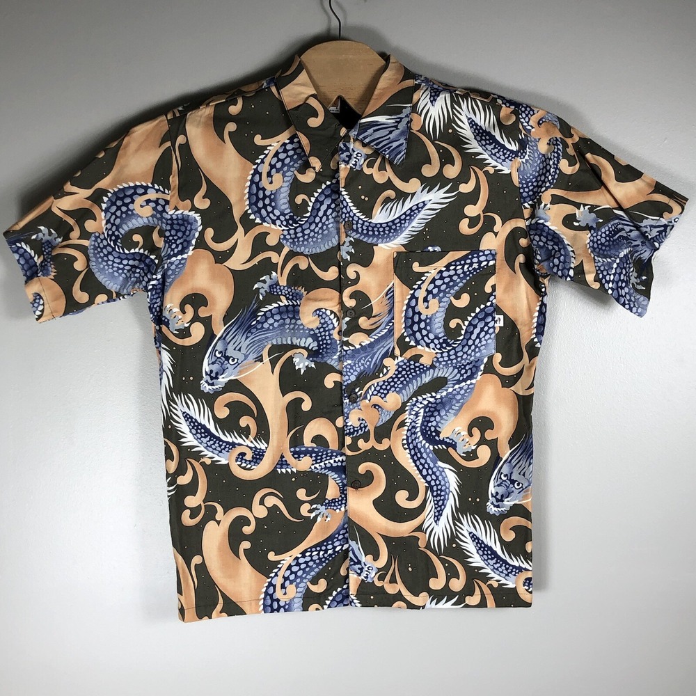 Hang Ten Men's Medium Dragon‎ Print Collard Button Front Short Sleeve Shirt